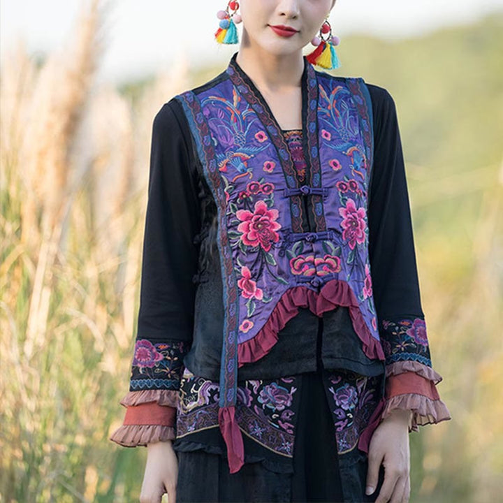 Buddha Stones Vintage Embroidery Flower Pattern Tang Suit Design Vest