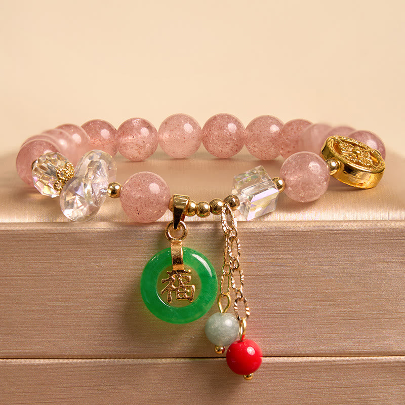 Buddha Stones Strawberry Quartz Jade Fu Character Charm Healing Bracelet