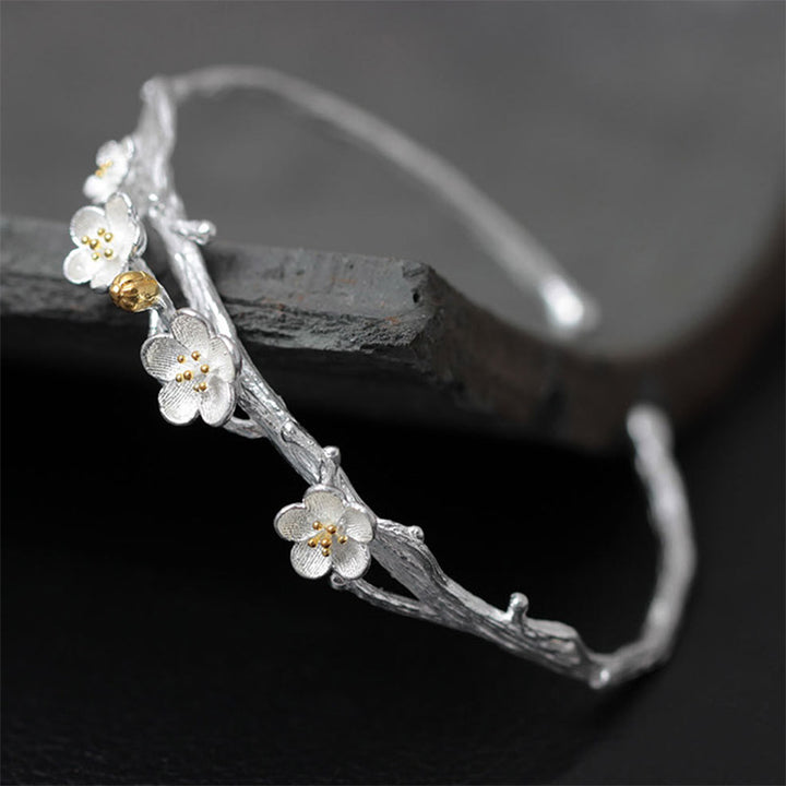 925 Sterling Silver Plum Flower Blessing Bracelet Adjustable Bangle - image 8