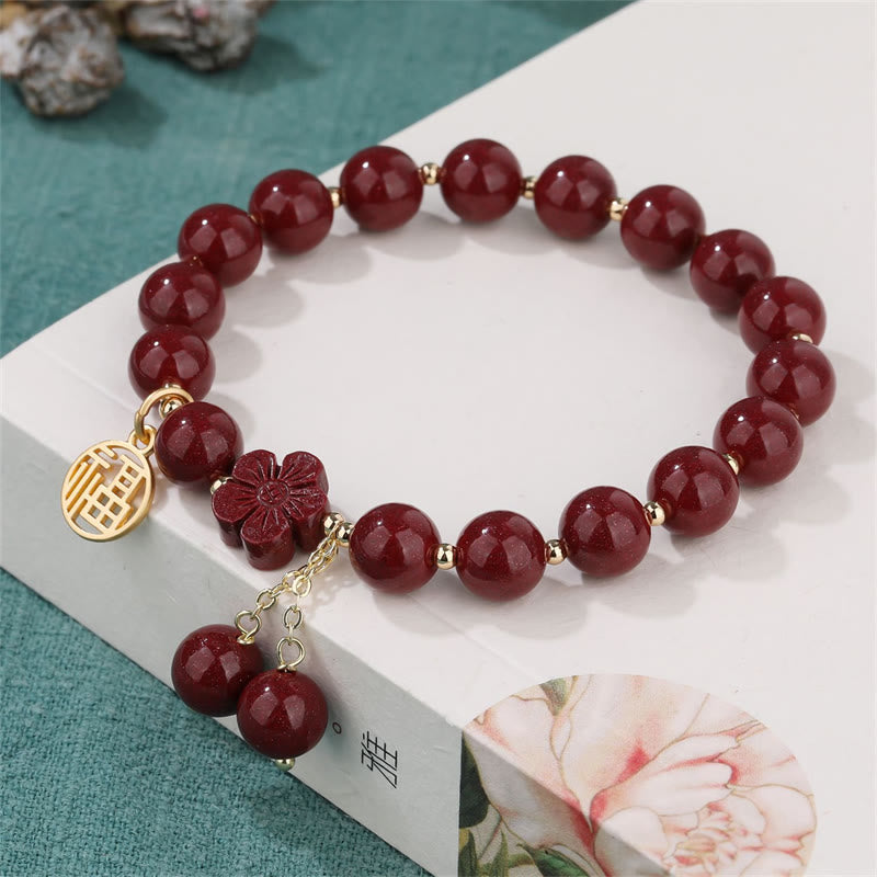 Buddha Stones Cinnabar Fu Character Cherry Blossom Blessing Bracelet - image 1