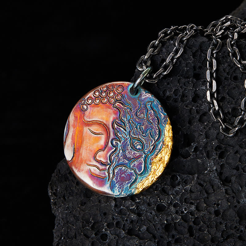 Buddha Stones 999 Sterling Silver 24K Gold Half Demon Half Buddha Compassion Necklace Pendant - 999 Sterling Silver - image 1
