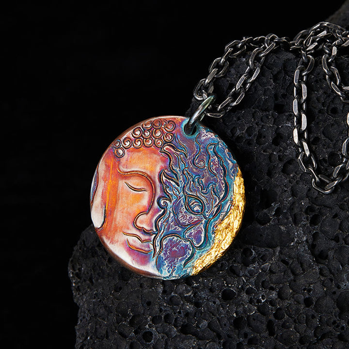 Buddha Stones 999 Sterling Silver 24K Gold Half Demon Half Buddha Compassion Necklace Pendant - 999 Sterling Silver - image 1
