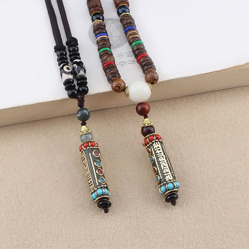 Buddha Stones Tibetan Om Mani Padme Hum Dzi Bead Wenge Wood Necklace Pendant - image 2