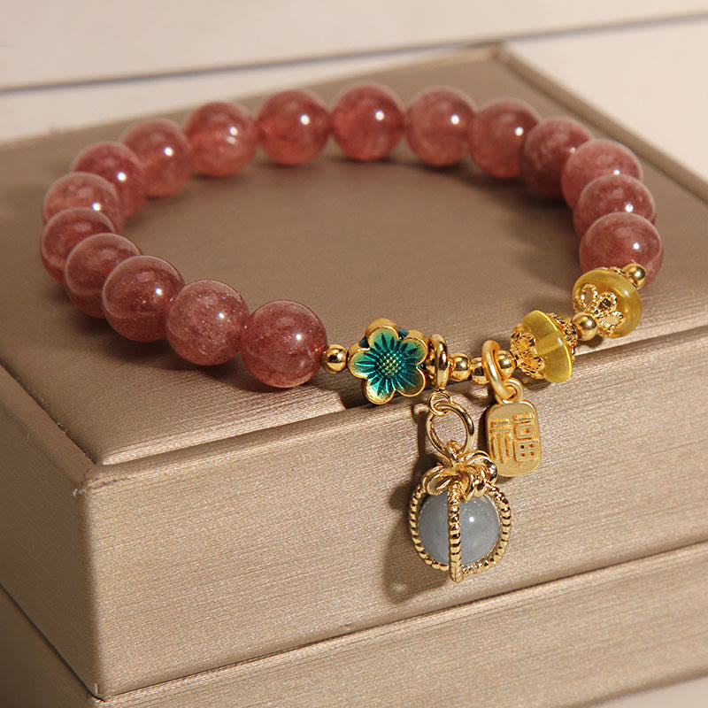 Buddha Stones Natural Strawberry Quartz Crystal Aquamarine Fortune Brand Love Bracelet