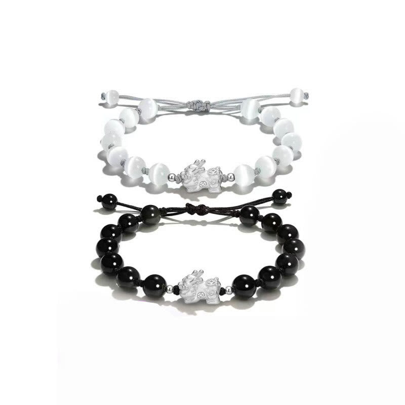 Buddha Stones Natural Black Obsidian Cat's Eye Pink Crystal PiXiu Strength Bracelet - image 8