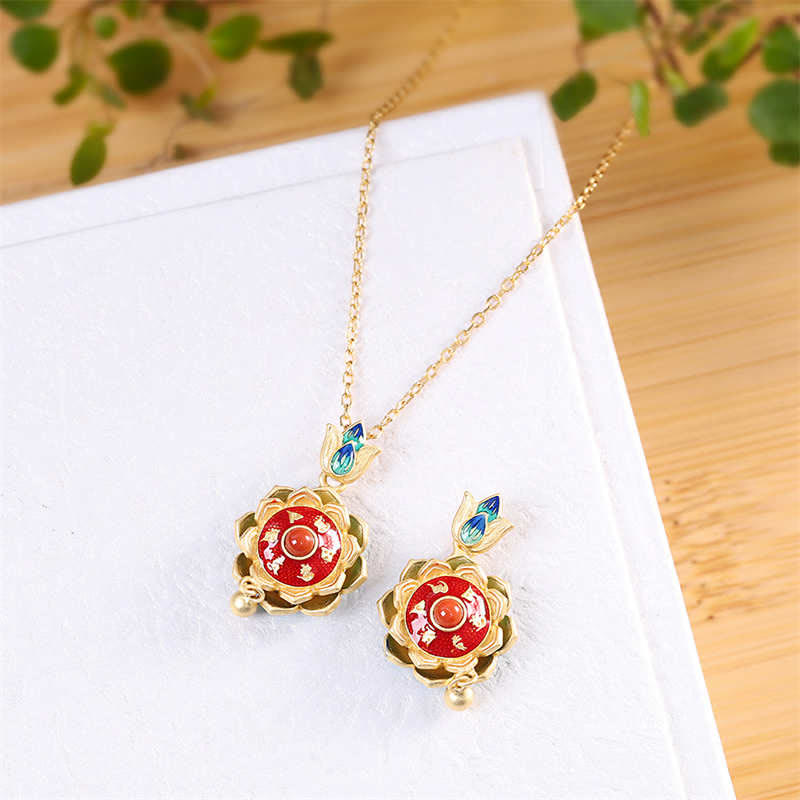 925 Sterling Silver Tibet Lotus Prayer Wheel Red Agate Enlightenment Necklace Pendant - image 7