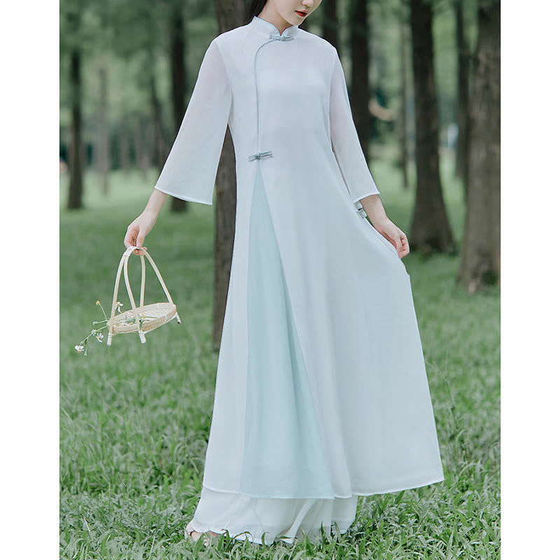 Buddha Stones Three Quarter Sleeve Chiffon Cheongsam Midi Dress Wide Leg Pants Meditation Zen Practice Clothing