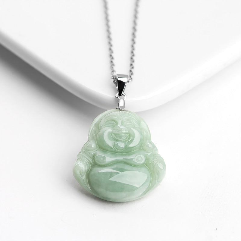Buddha Stones 925 Sterling Silver Laughing Buddha Jade Blessing Necklace Chain Pendant - image 4