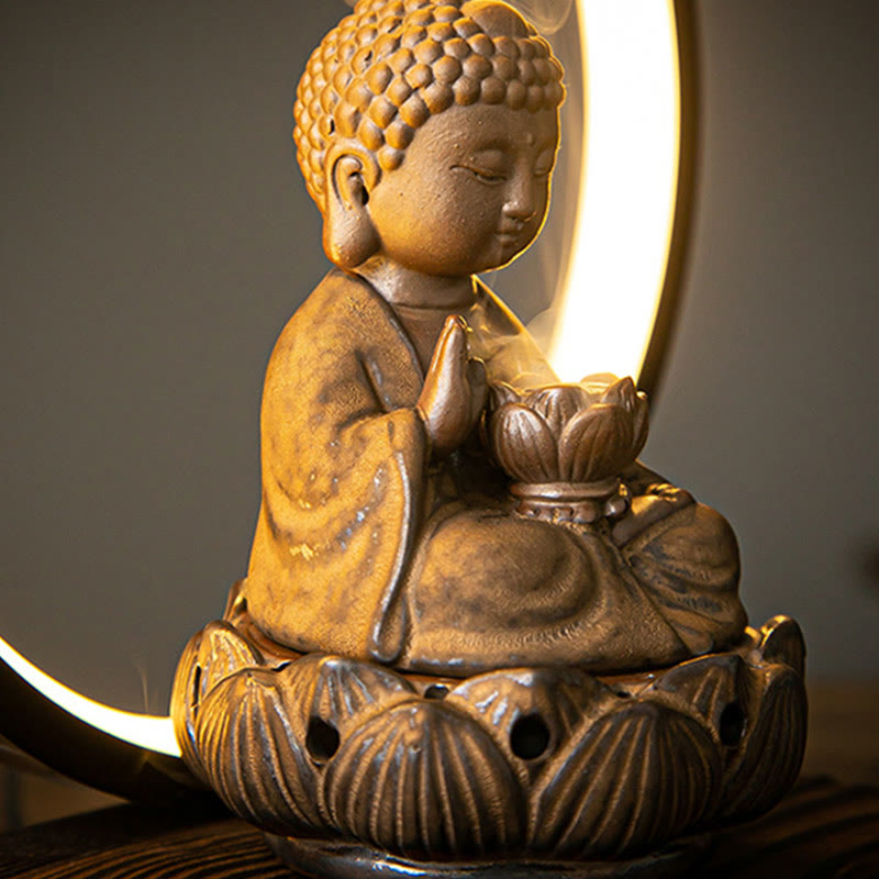 Buddha Stones Buddha Lotus Backflow Smoke Fountain Ceramic Blessing Incense Burner With Light Decoration - image 9
