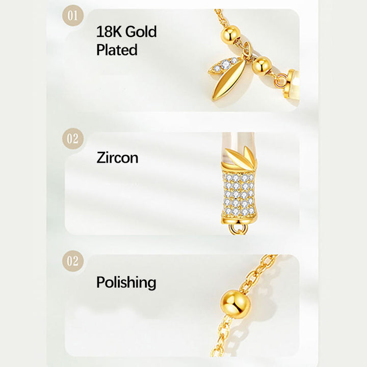 Buddha Stones 925 Sterling Silver 18K Gold Plated White Jade Bamboo Zircon Leaf Luck Bracelet - image 7