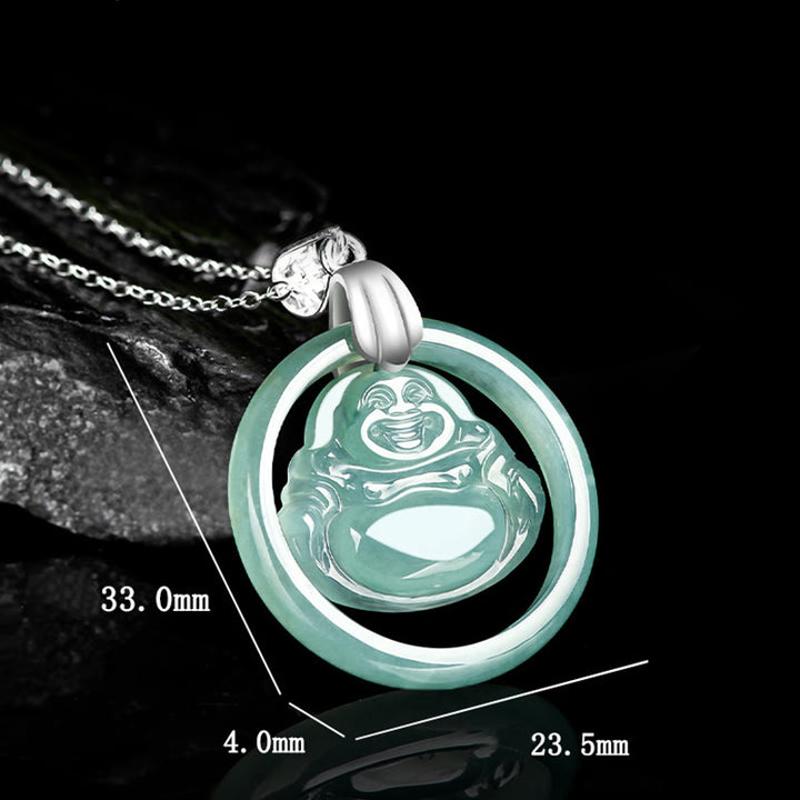 Buddha Stones Natural Jade Round Laughing Buddha Abundance Titanium Steel Chain Necklace Pendant - image 6