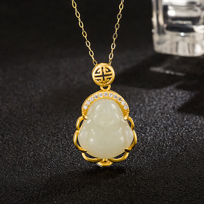 925 Sterling Silver Laughing Buddha Hetian White Jade Protection Necklace Pendant - Hetian White Jade(Protection♥Happiness) - image 1