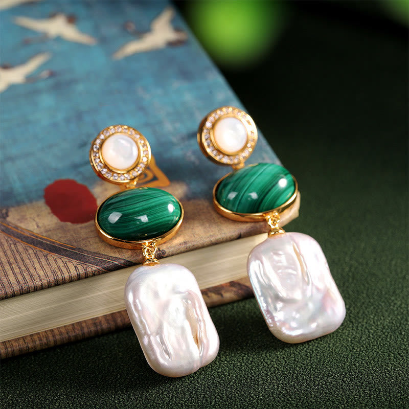 Buddha Stones 925 Sterling Silver Natural Baroque Pearl Malachite Healing Wisdom Drop Earrings