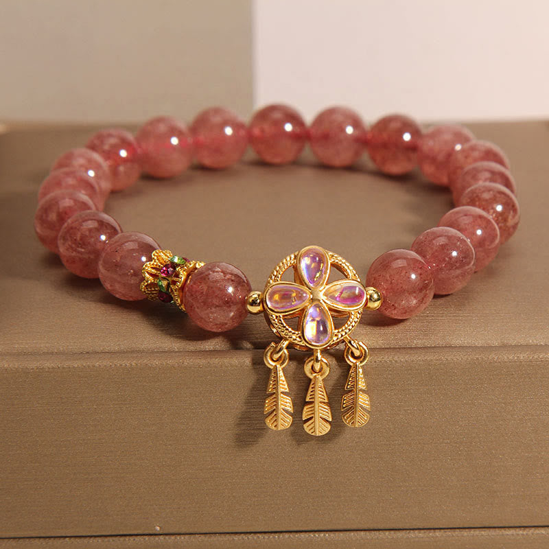 Buddha Stones Natural Strawberry Quartz Four Leaf Clover Dreamcatcher Charm Love Bracelet