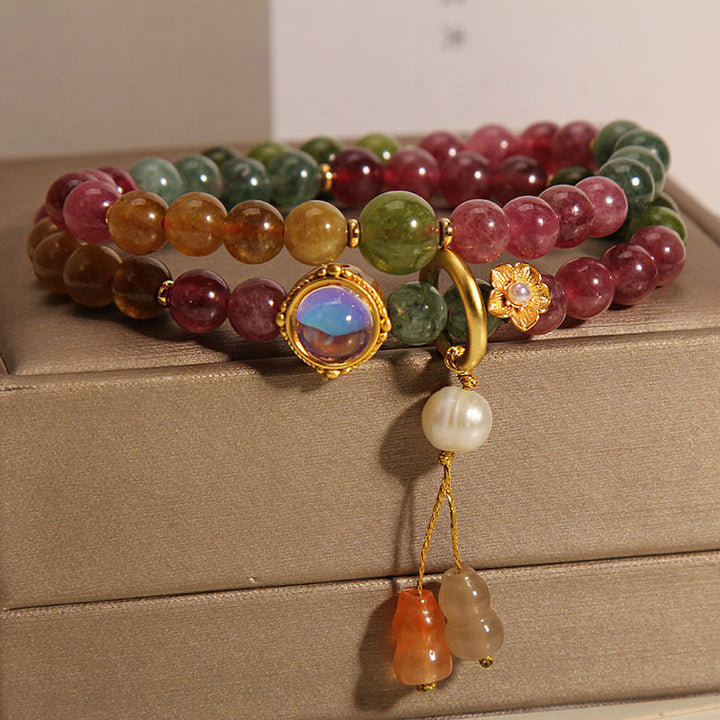 Buddha Stones Multicolored Tourmaline Positive Double Wrap Gourd Charm Bracelet