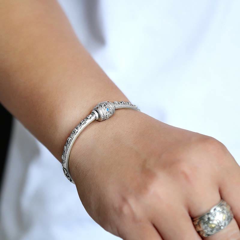 Buddha Stones 990 Sterling Silver Tibetan Auspicious Clouds Om Mani Padme Hum Engraved Creativity Bracelet Bangle - image 9