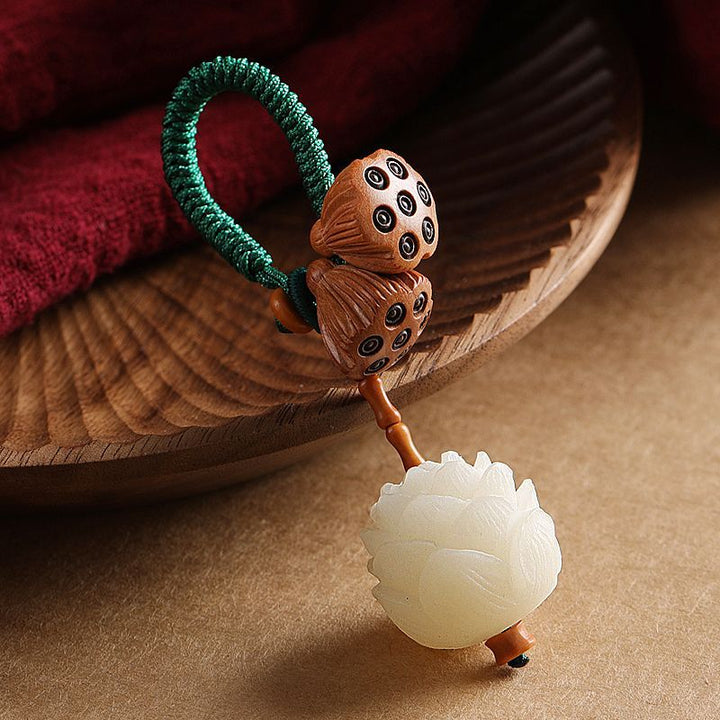 Buddha Stones Lotus Natural White Bodhi Seed Peach Wood Luck Keychain Decoration - image 0