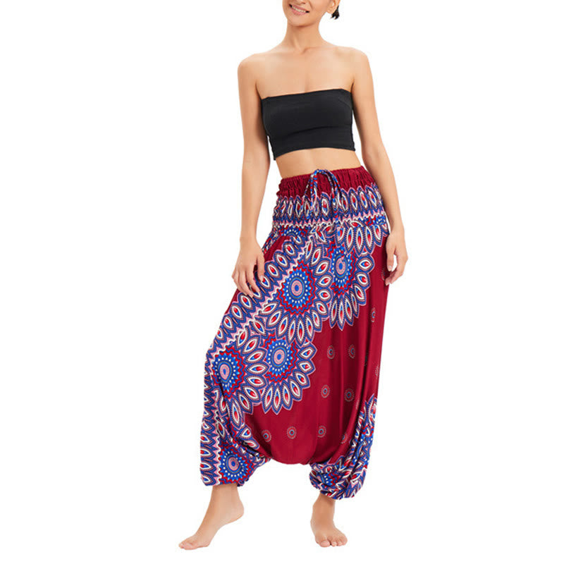 Buddha Stones Two Style Wear Sunflower Loose Smocked Harem Trousers Jumpsuit High Waist Pants