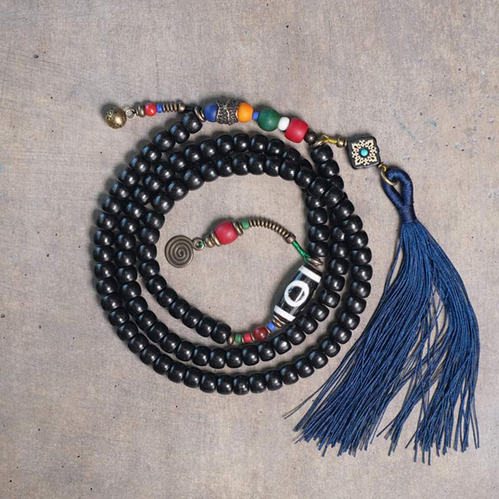 Buddha Stones 108 Beads Mala Ebony Wood Dzi Bead Copper Balance Tassel Bracelet - 16-17.5cm - image 0