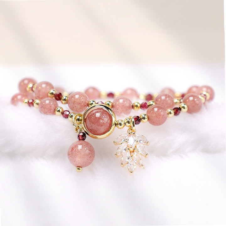 Natural Strawberry Quartz Love Healing Maple Leaf Charm Double Wrap Bracelet