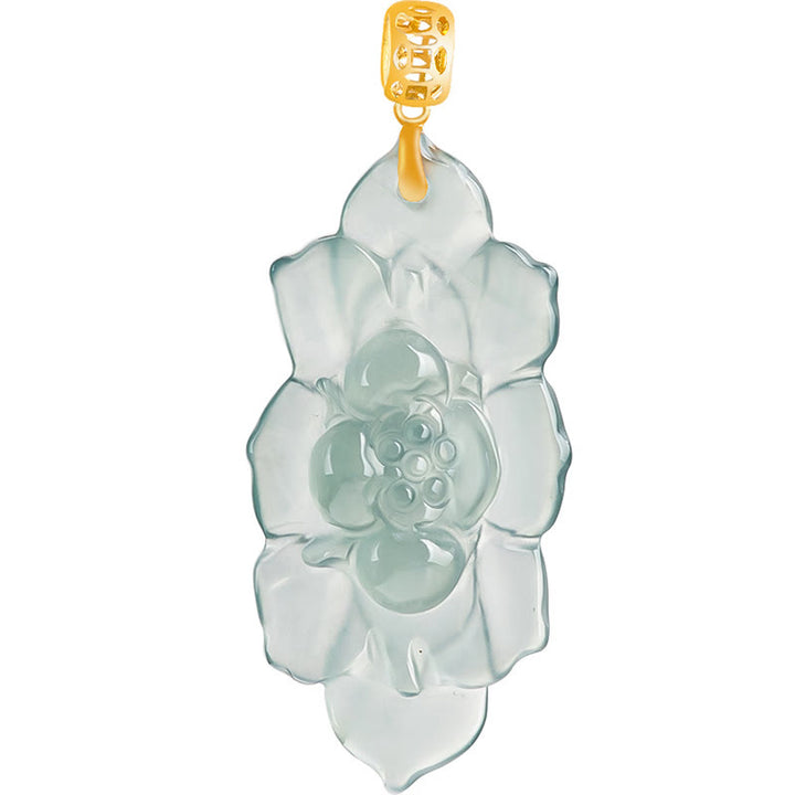 Buddha Stones 18K Gold Natural Jade Lotus Pattern Prosperity Necklace Pendant - image 10