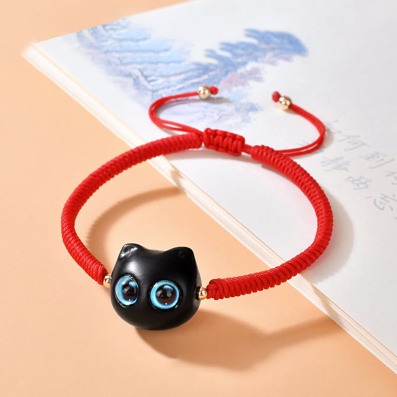 Buddha Stones Ebony Wood Cat Head Pattern Peace King Kong Knot Braided Bracelet - Red Rope(Wrist Circumference 14-18cm) - image 9