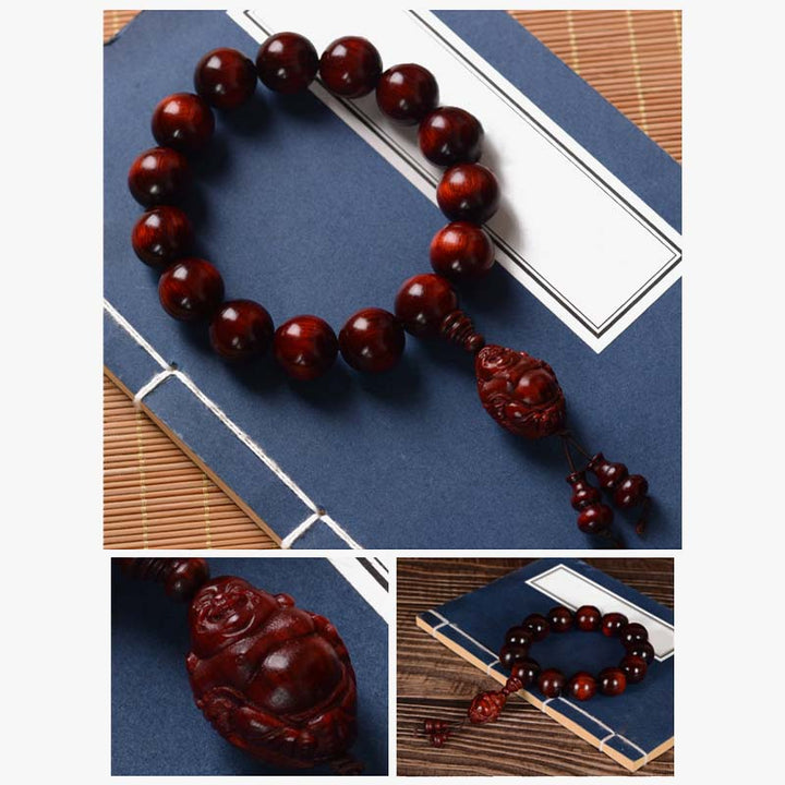 Buddha Stones Small Leaf Red Sandalwood Laughing Buddha God of Wealth Protection Bracelet