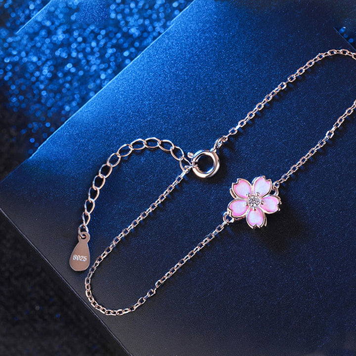 Buddha Stones 925 Sterling Silver Cherry Blossom Blessing Chain Bracelet Rotatable Ring - image 9
