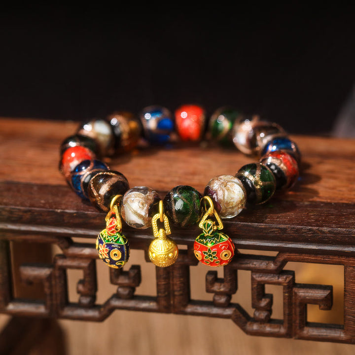 Buddha Stones Five Elements Gold Swallowing Beast Family Charm Liuli Glass Bead Luck Bracelet - Liuli Glass Bead&Alloy Gold Swallowing Beast Family - 14mm(15 Beads) - image 8