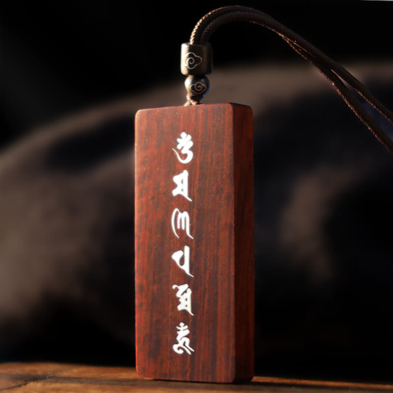 Buddha Stones 999 Sterling Silver Small Leaf Red Sandalwood Ebony Wood Om Mani Padme Hum Inlaid Protection Necklace Pendant - image 5