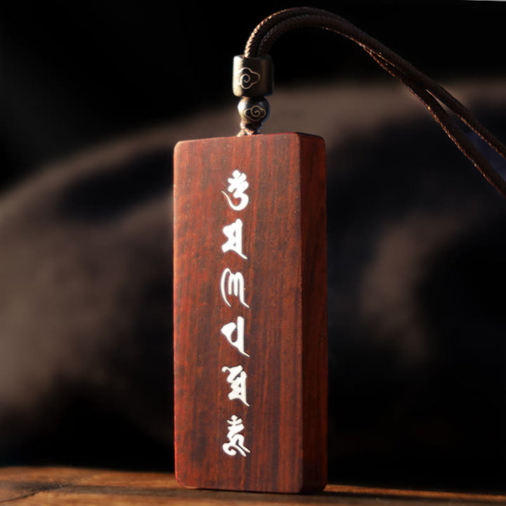 Buddha Stones 999 Sterling Silver Small Leaf Red Sandalwood Ebony Wood Om Mani Padme Hum Inlaid Protection Necklace Pendant - image 5