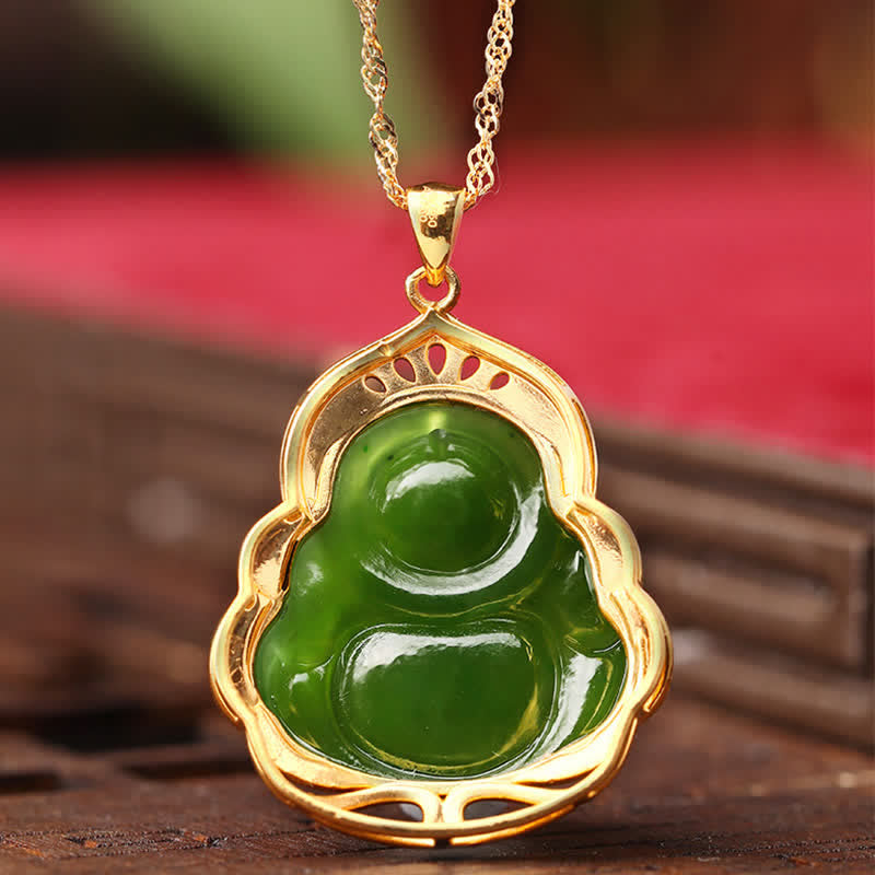 925 Sterling Silver Natural Hetian Cyan Jade Laughing Buddha 18K Gold Healing Necklace Chain Pendant - image 7
