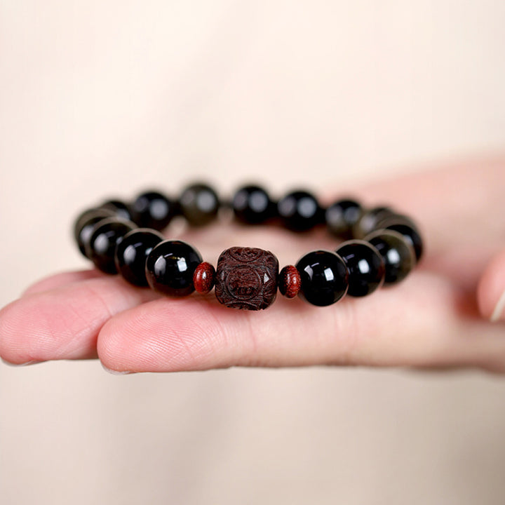 Buddha Stones Natural Gold Sheen Obsidian Rainbow Obsidian Om Mani Padme Hum Fu Character Healing Bracelet