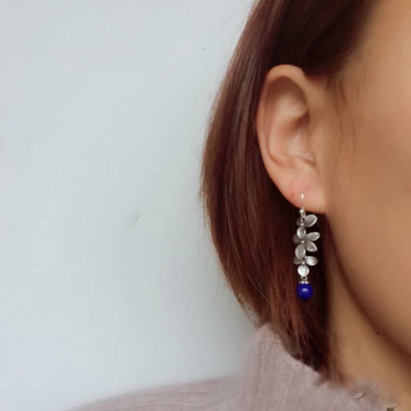 Buddha Stones 925 Sterling Silver Turquoise Lazurite Lapis Lazuli Flower Leaf Serenity Protection Hook Drop Dangle Earrings - image 11