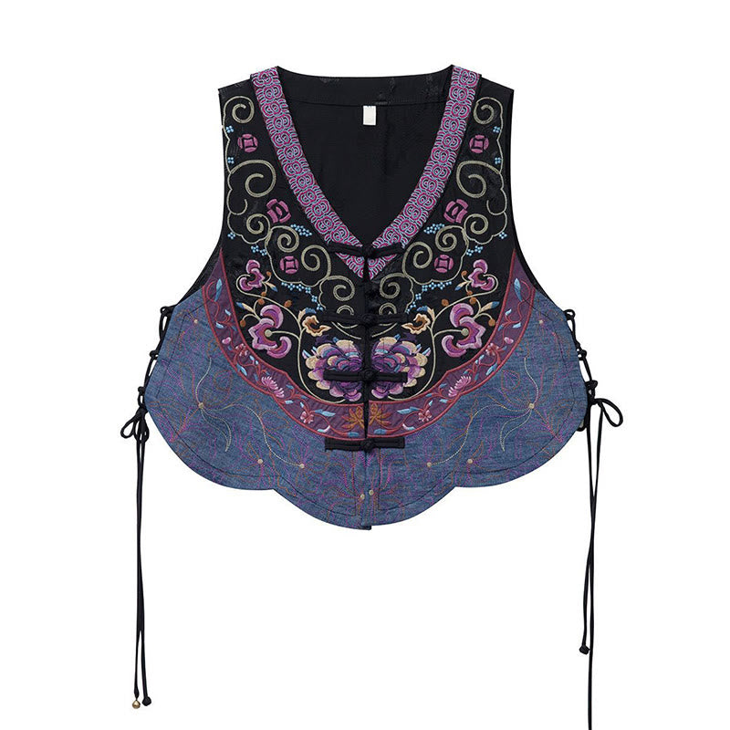 Buddha Stones Vintage Frog-Button Embroidery Purple Flower Tang Suit Design Sleeveless Vest