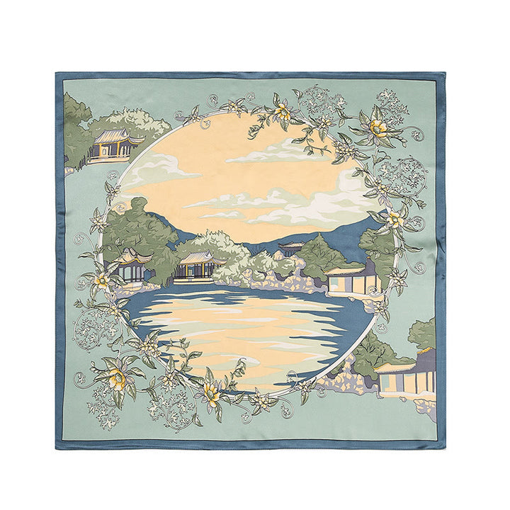 Buddha Stones Pastoral Scene Hot Air Balloon Spring Blossom 100% Mulberry Silk Neck Hair Scarf - image 1