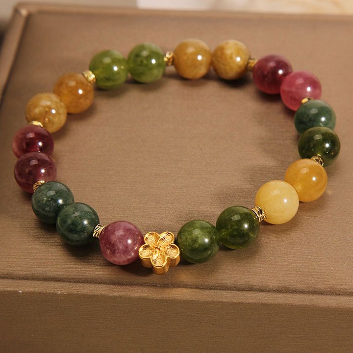 Buddha Stones Natural Colorful Tourmaline Golden Flower Positive Bracelet