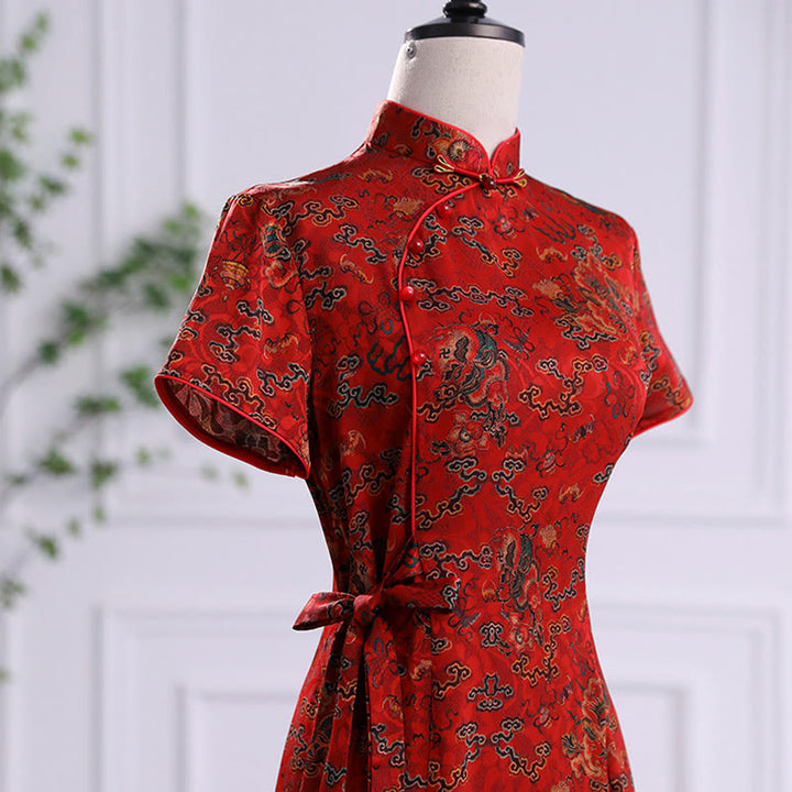 Buddha Stones Vintage Auspicious Clouds Leaf Print Cheongsam Dress Women's Qipao Dress - image 3