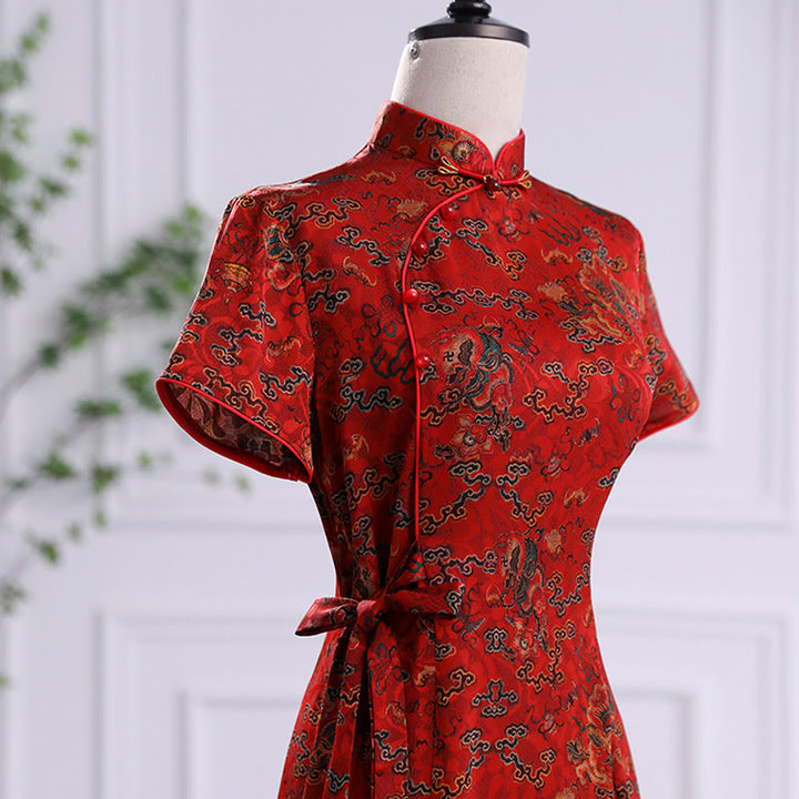 Buddha Stones Vintage Auspicious Clouds Leaf Print Cheongsam Dress Women's Qipao Dress