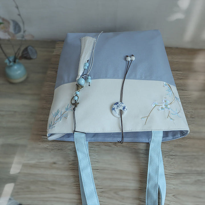 Pear Flower Plum Peach Blossom Bamboo Embroidery Canvas Large Capacity Shoulder Bag Tote Bag - image 19