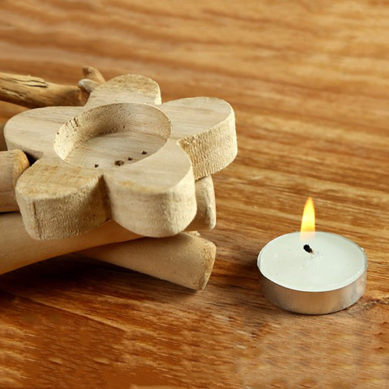 Buddha Stones Flower Pattern Wood Candlestick Home Candle Holder Decoration - image 3