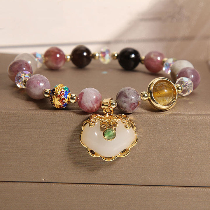 Buddha Stones Strawberry Quartz Green Crystal Amethyst Healing Chinese Lock Charm Bracelet