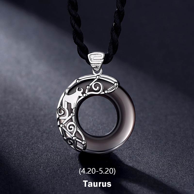 Buddha Stones 12 Constellations of the Zodiac Ice Obsidian Blessing Round Pendant Necklace - Taurus - Rope - image 2