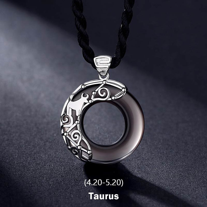 Buddha Stones 12 Constellations of the Zodiac Ice Obsidian Blessing Round Pendant Necklace - Taurus - Rope - image 2