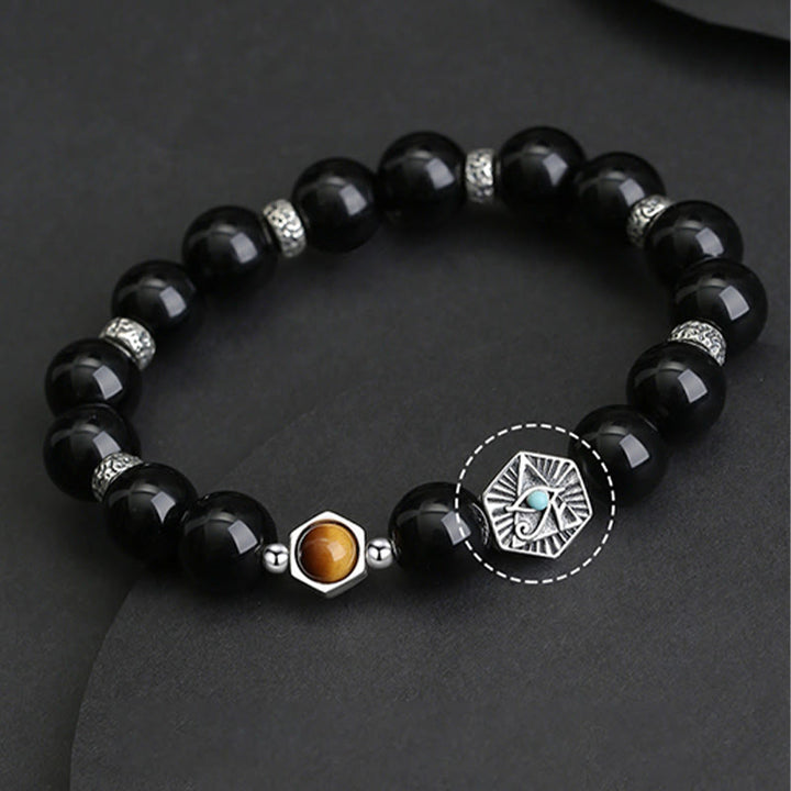 Buddha Stones 925 Sterling Silver Black Obsidian Tiger Eye Eye of Providence Purification Bracelet - image 6