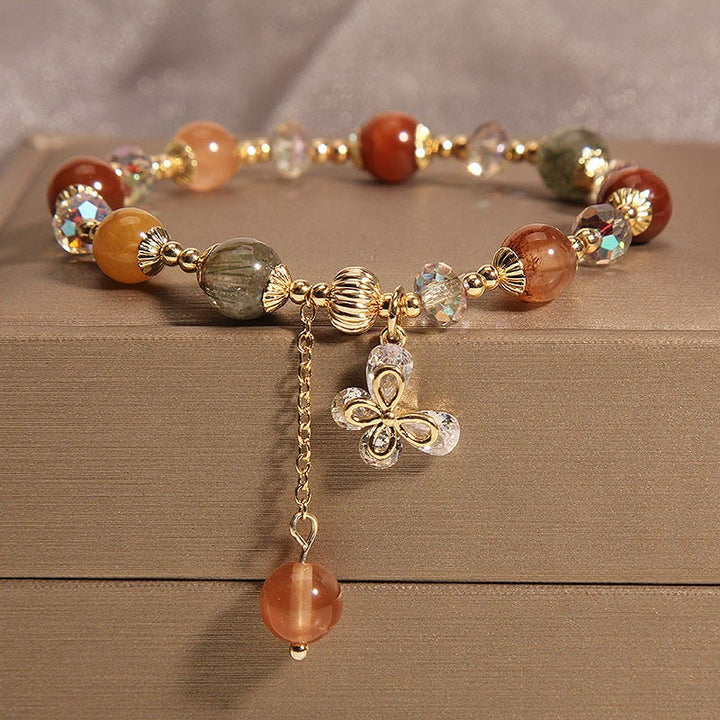 Buddha Stones Natural Fu Lu Shou Rainbow Crystal Rutilated Quartz Wealth Butterfly Charm Bracelet