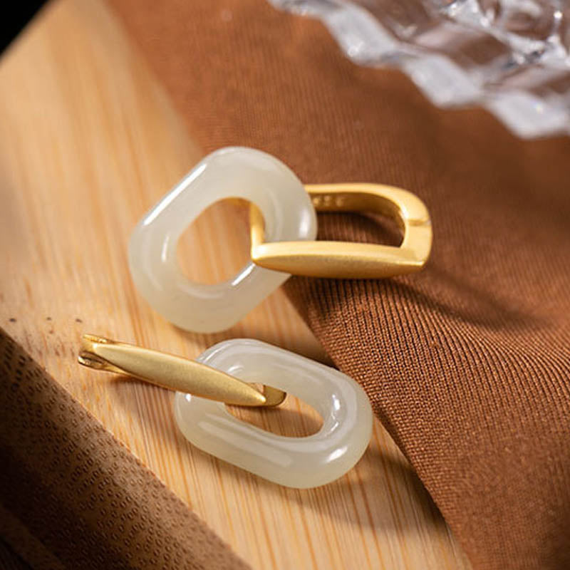 925 Sterling Silver Round White Jade Happiness Blessing Earrings - image 7