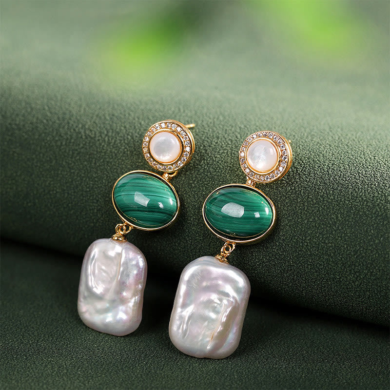 Buddha Stones 925 Sterling Silver Natural Baroque Pearl Malachite Healing Wisdom Drop Earrings