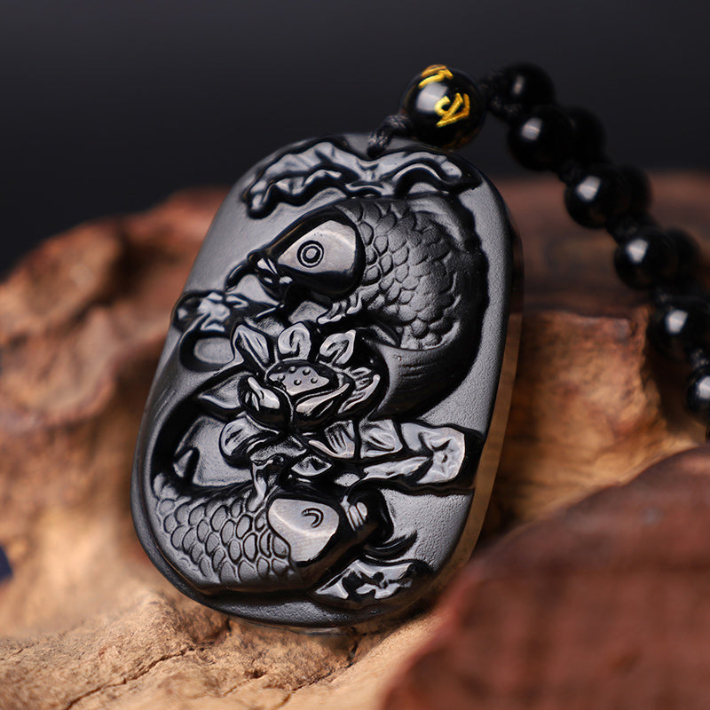 Buddha Stones Natural Black Obsidian Koi Fish Lotus Strength Beaded Necklace Pendant