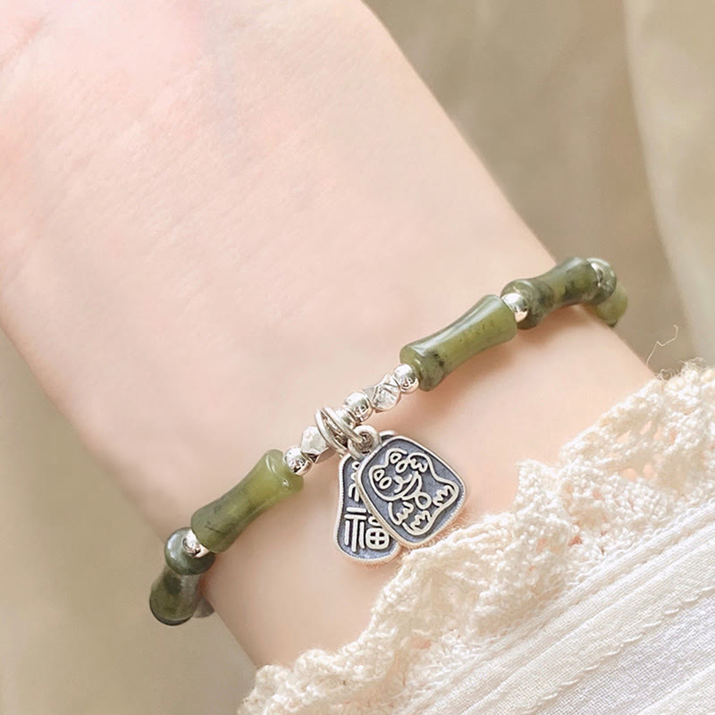 Buddha Stones 925 Sterling Silver Bamboo Jade Lucky Cat Fu Character Luck Abundance Bracelet - image 13